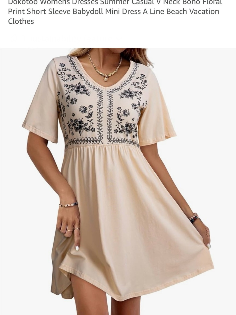 Dokotoo Women’s Beige/Black Floral V‑Neck Babydoll Dress Short Large